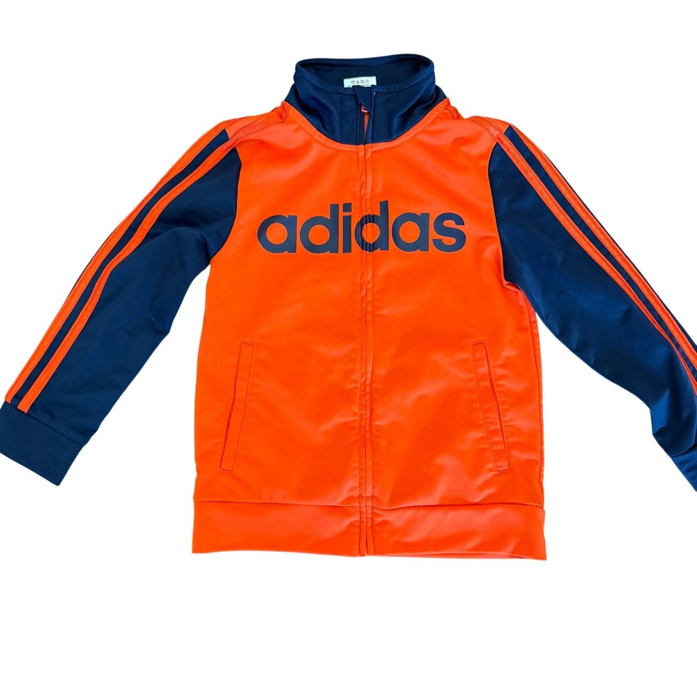 Adidas Kids Orange Navy Blue Full Zip Track Jacket Logo Size 7 Athletic Striped
